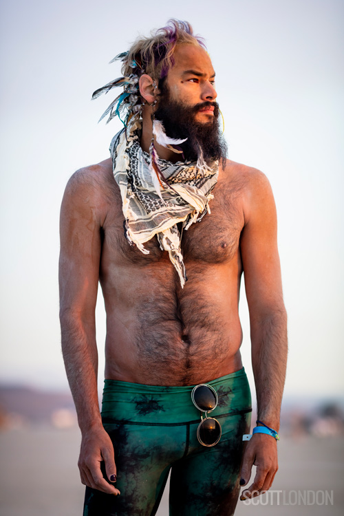 David, a longtime Burner from Alaska, takes in the sunrise at Burning Man 2018. (Photo by Scott London)