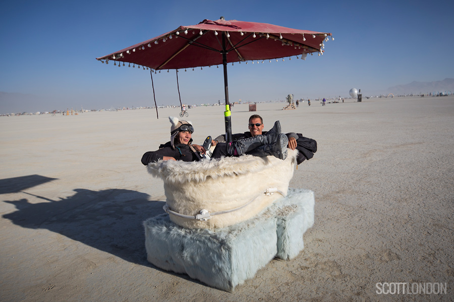 An art car in the form of a fur bathtub blasting polka music at Burning Man 2018. (Photo by Scott London)