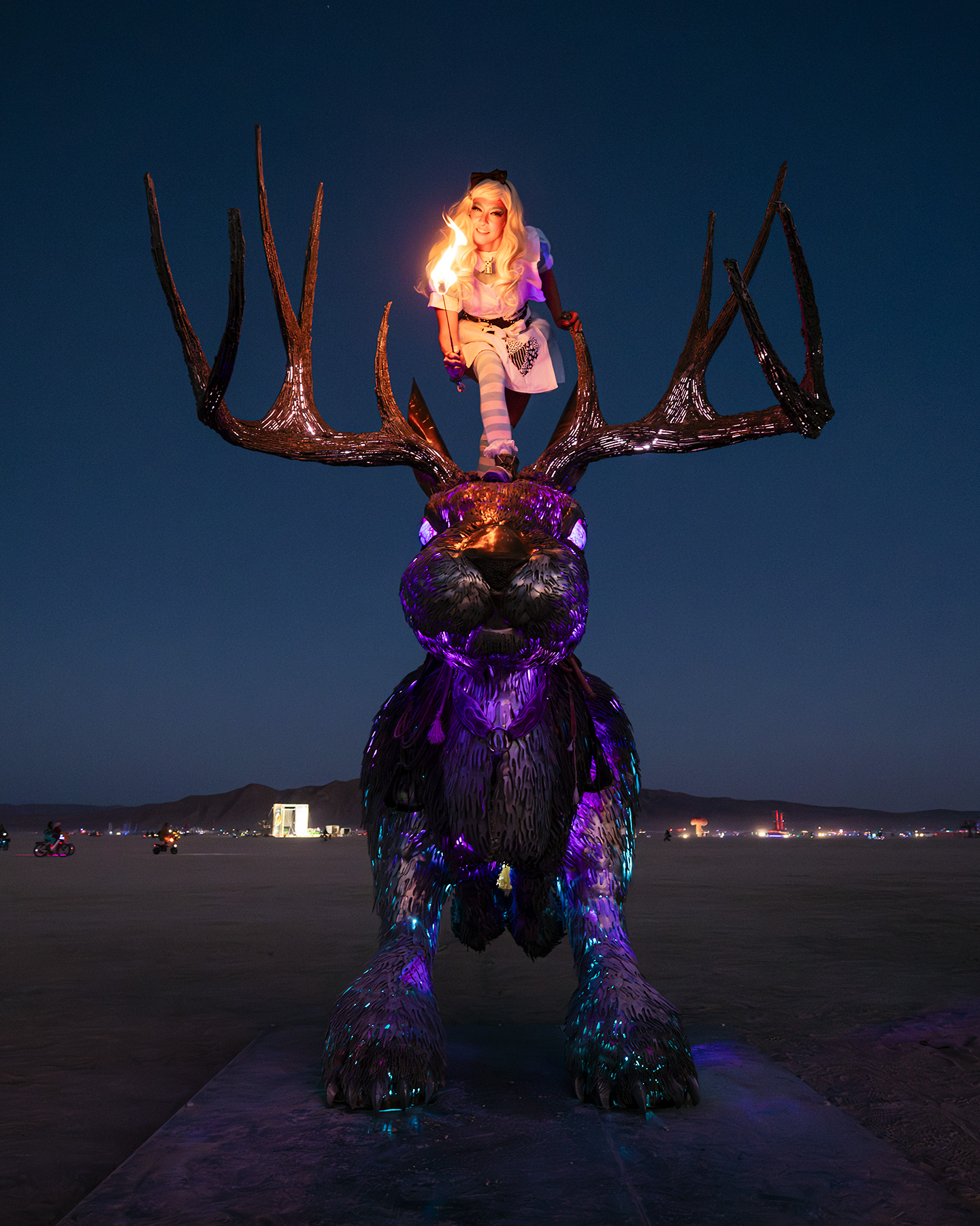 Alice atop a jackalope at Burning Man 2024