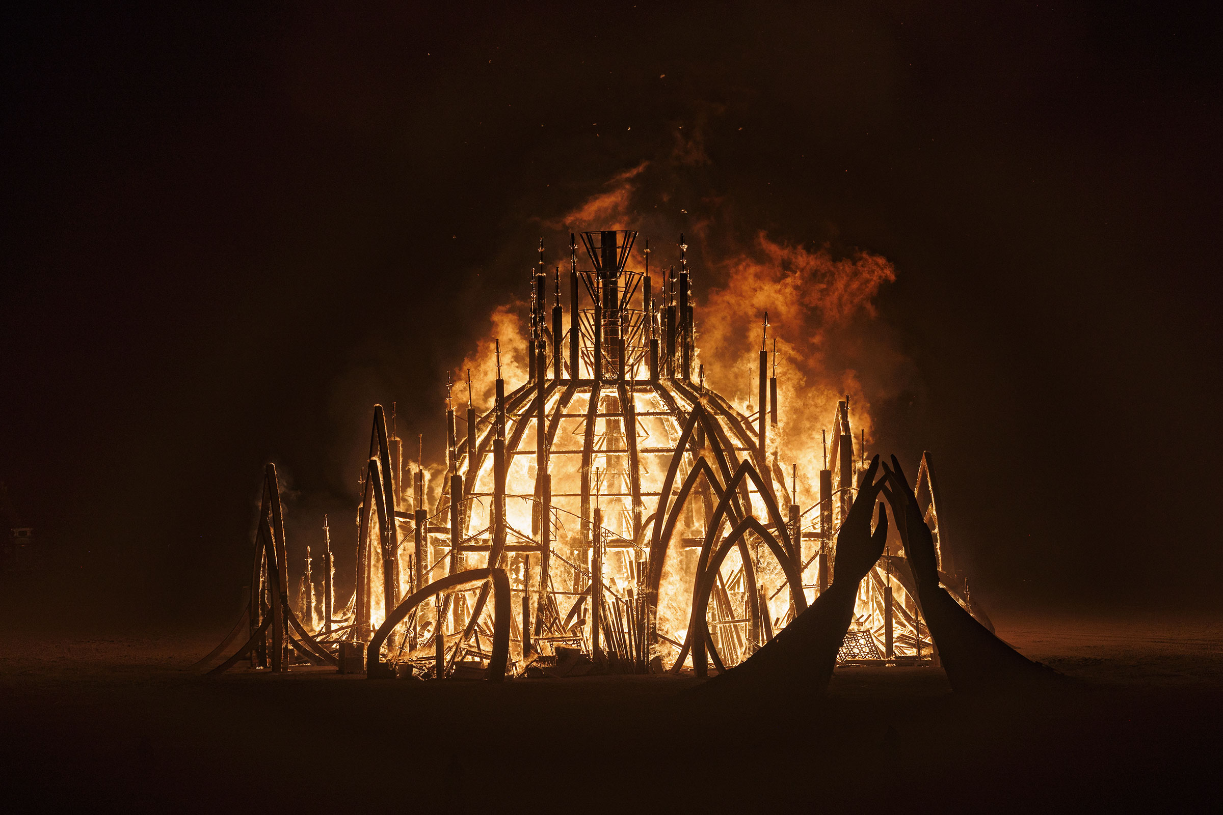 The Temple of Togetherness burns on the final night of Burning Man 2024